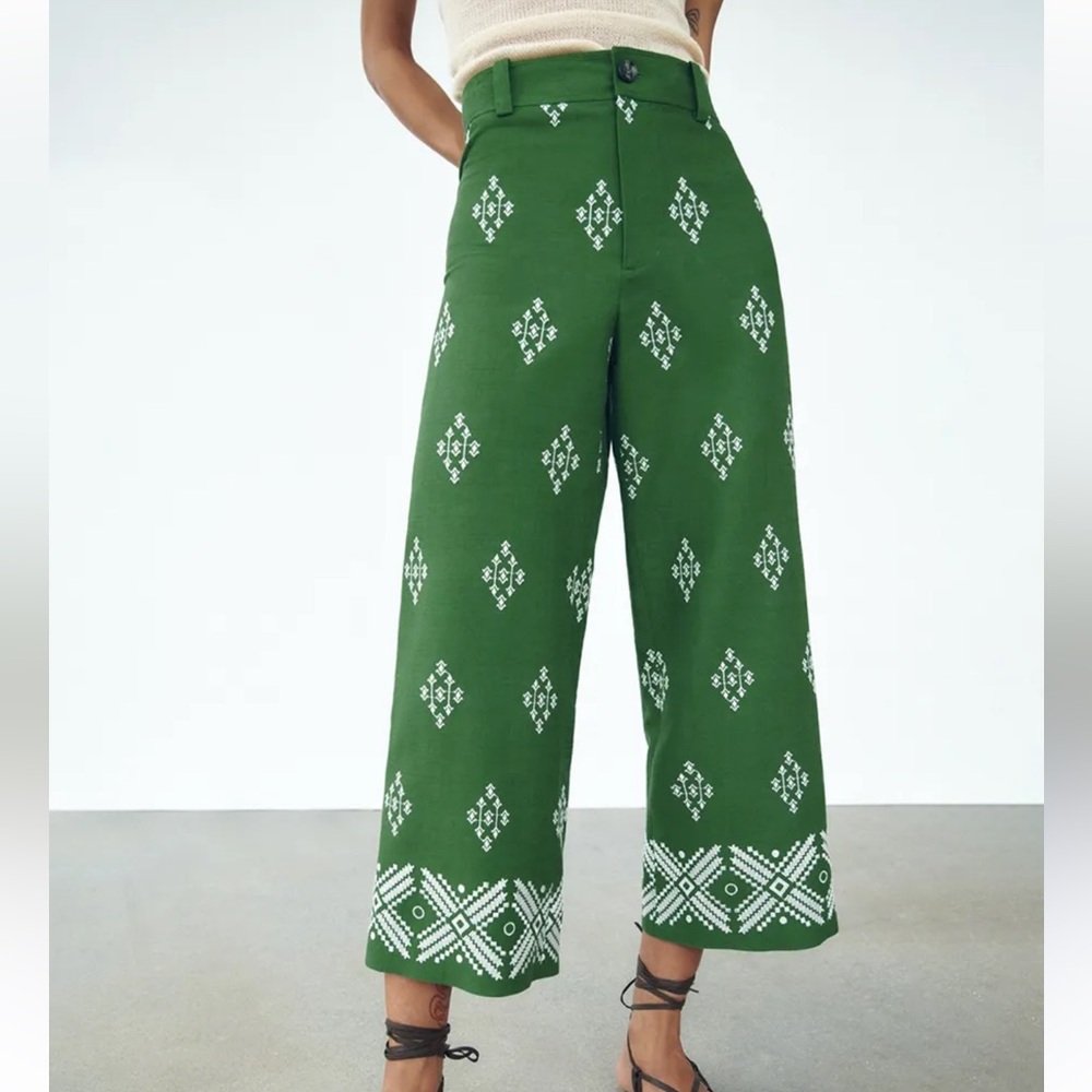 Zara Linen Blend High Waist Wide Leg Embroidered Culotte Pants